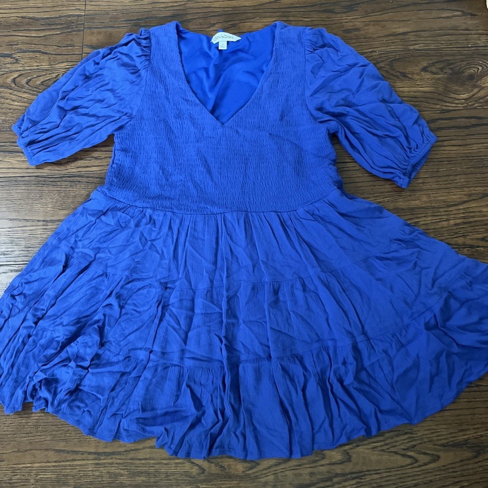 Davi & Dani Royal Blue Smocked Puff Sleeve Tiered Babydoll Mini Dress M
